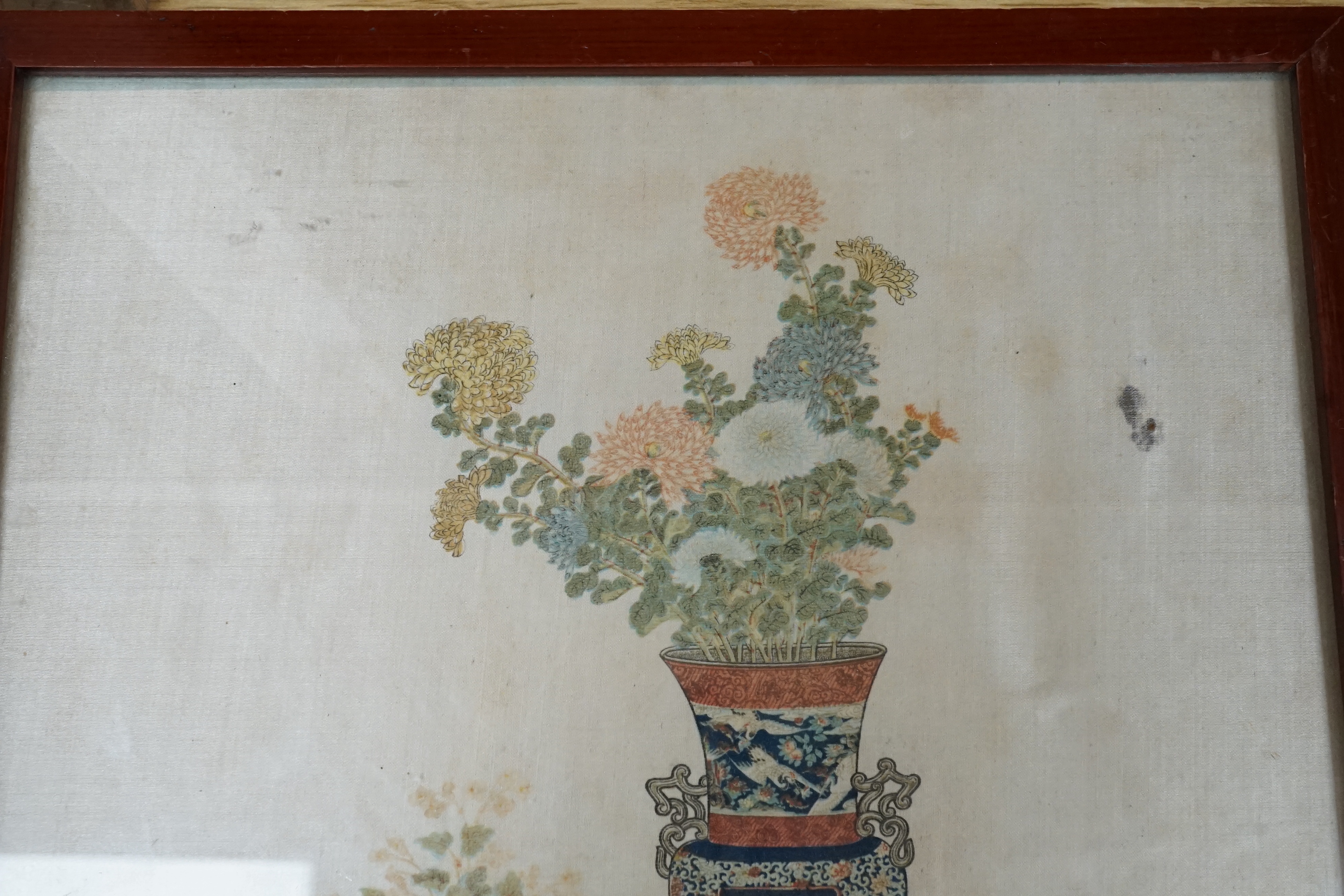 A Chinese print on silk of a plant stand and jardiniere. 28 x 24cm